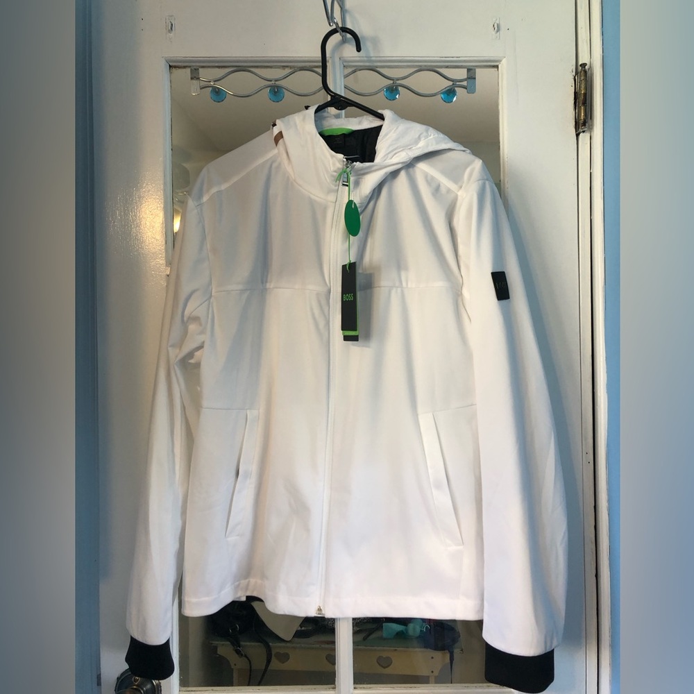 HUGO BOSS White Hooded Windbreaker is Water Repellent XL. Brand new with tags.